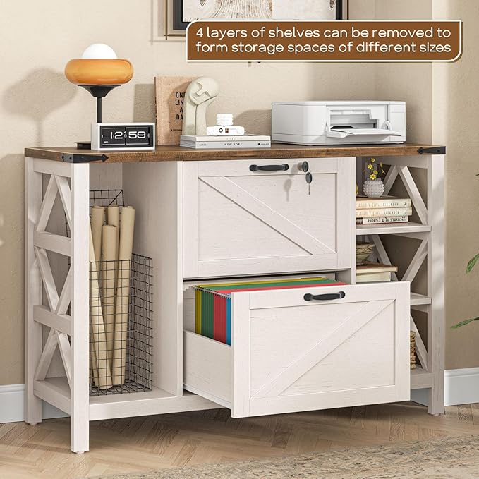 44" Lateral File Cabinet with Adjustable Shelves, Farmhouse 2 Drawer Filing Cabinet with Lock for Legal/A4/Letter, Wooden Printer Stand Office Furniture Storage Cabinets for Home Office, Rustic White
