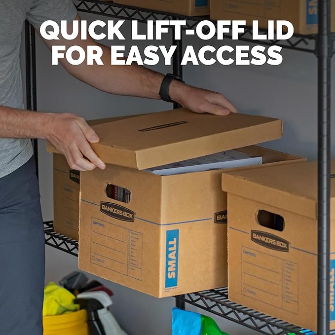 Bankers Box Small Classic Moving Box 10 Pack, Reinforced Handles, Tape-Free Assembly, Box with Lid, 15-In x 12-In x 10-In (7714901)