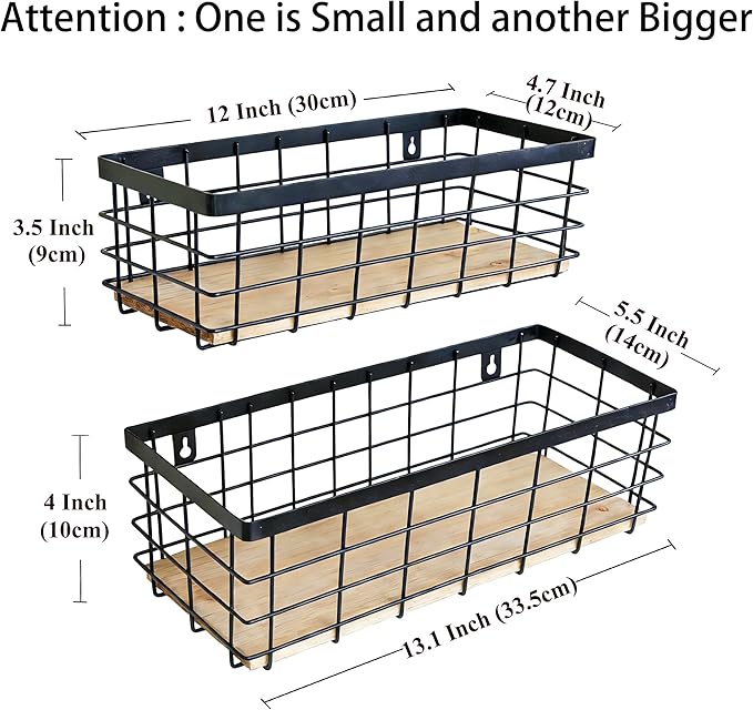 Metal Wire Basket Detachable Wood Base Storage Organizer Farmhouse Hanging Basket for Kitchen Cabinets, Bathroom, Pantry, Laundry Room Set of 2,Black Color