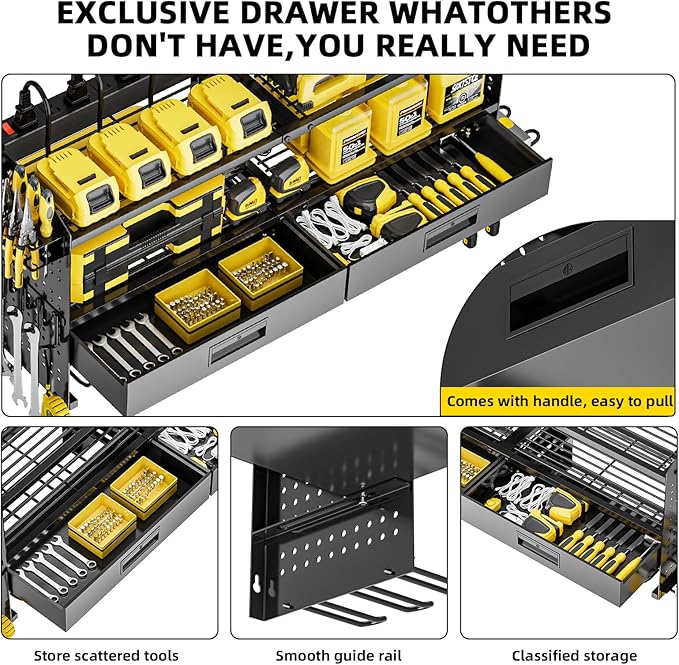 Power Tool Organizer Wall Mount with Charging Station, 4 Layers Storage Rack with 9 Drill Holders & Battery Storage, Cordless Tool Organizer with 2 Drawers for Garage, Workshop & Tool Room