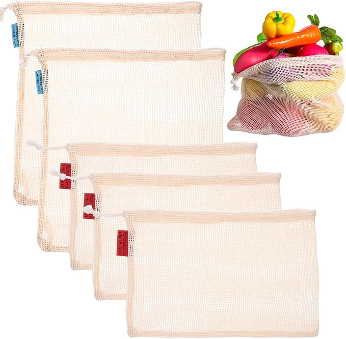 5 Pack Mesh Produce Bags, Reusable Produce Storage Bags Washable Eco Friendly Lightweight Storage Produces Bag Durable Double Stitched with Drawstring Reusable Food Storages Bag for Fruit Vegetable
