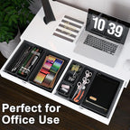 QUELIEN Desk Drawer Organizer Tray Set, 16PCS Plastic Drawer Organizer Bins for Office, Makeup, Kitchen - Gray Blue Desk Organizer with Flexible Interlocking Design for Efficient (Gray Blue, 16PCS)