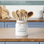 Barnyard Designs Ceramic Farmhouse Utensil Holder for Kitchen Counter, Large Rustic Utensil Crock, Countertop Cooking Tool Spatula Organizer, 6.75” (White)