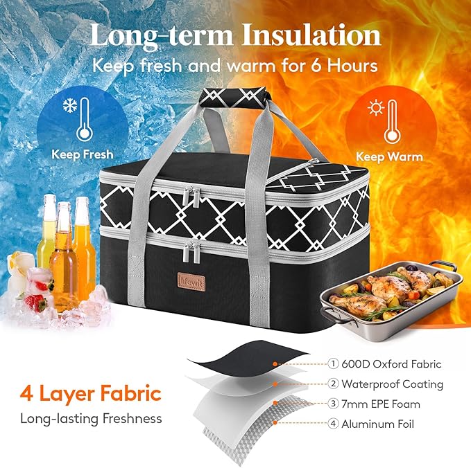 Lifewit Insulated Double Decker Casserole Carrier, Lasagna Lugger Holder for Hot or Cold Food, Fits 9" x 13" Baking Dish, Thermal Lunch Tote Bag for Potluck Parties, Picnic and Cookouts, Black