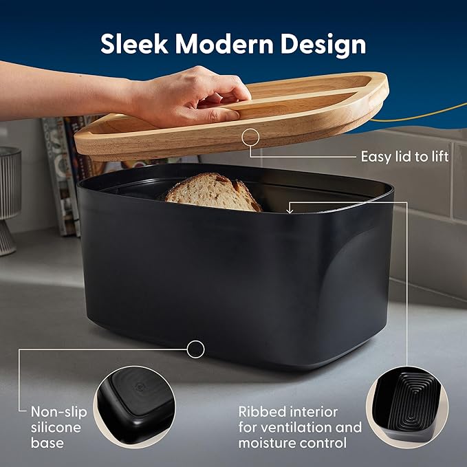 Sonder Los Angeles Union Large Bread Box | Fits Full Sourdough Loaves and More | Breadbox with Cutting Board | Homemade Bread Bin Storage Container | 14.25x9.25x7 in | Black