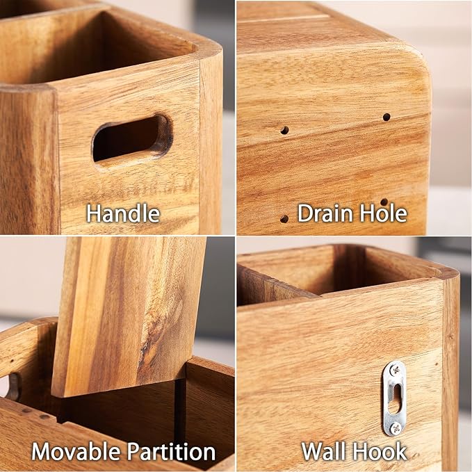 12" Wooden Kitchen Utensil Holder, Extra Large Acacia Wood Organizer for Cooking Tools, Utensils & Cutlery Storage – 3-Compartment Countertop Holder