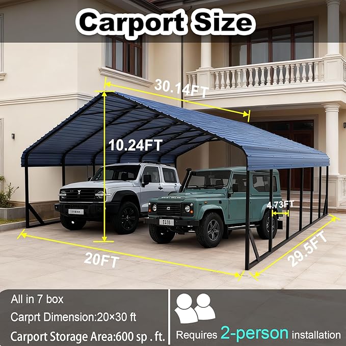 20x30 FT Heavy Duty Metal Carport with Galvanized Steel Roof & Frame - All-Weather Portable Garage Shelter for 3 Cars, Safe Boat Cover & Yard Protection