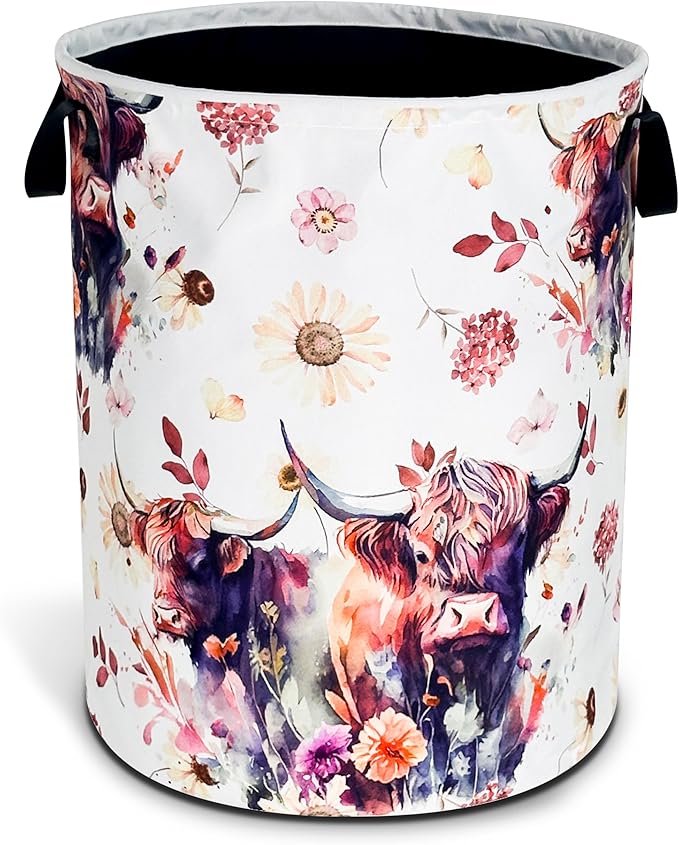 Highland Cow Laundry Basket Cow Animal Foldable Oxford Cloth Funny Tote Bag Laundry Hamper Clothes Storage Bucket Organizer For Bathroom/Laundry Storage/Bedroom 17.7x13.7 Inch