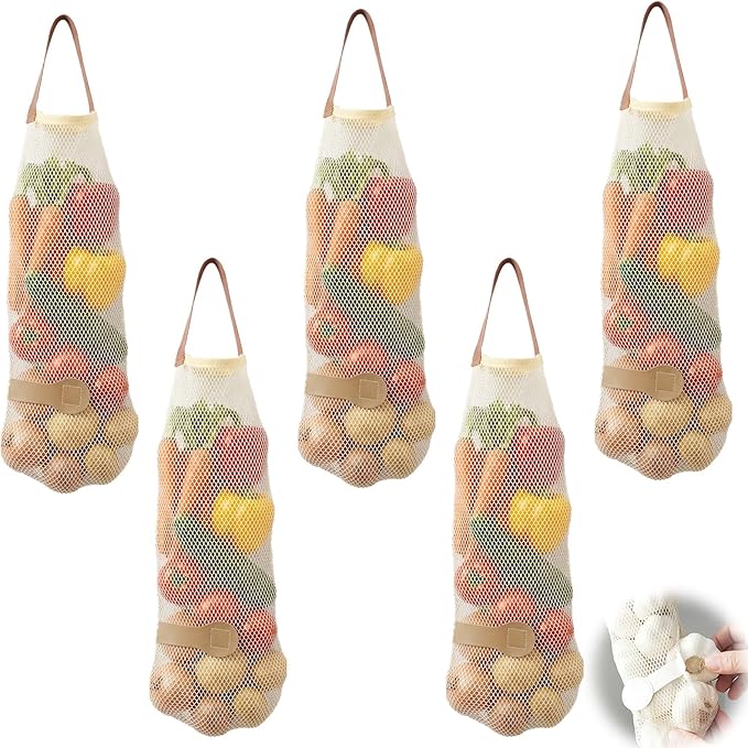 Larrel 5PCS Hanging Mesh Storage Bags, Potatoes Onion Garlic Mesh Storage Bags, Long and Large Reusable Net Produce Bag, Net Produce Bag for Fruit and Veggies, Garbage-Bags for Home RV Camper (Beige)