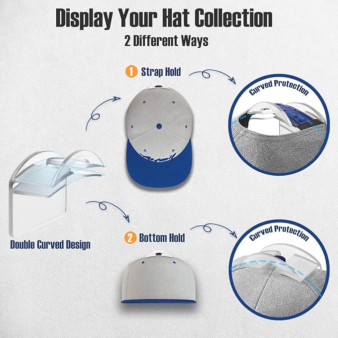 Hat Hangers for Wall, Stronge Adhesive Hat Holders Display, No Driling Caps Holder Organizer, 10 Pack Hat Hook for Baseball Caps, Wall Mounted Cap Rack, Clear