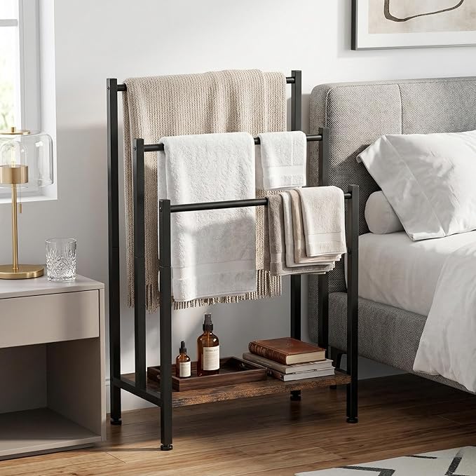 Free Standing Towel Rack, 3 Tier Freestanding Towel Stand with Storage Shelf, Metal Blanket Rack Stand for Bathroom, Bedroom, Living Room, Rustic Brown