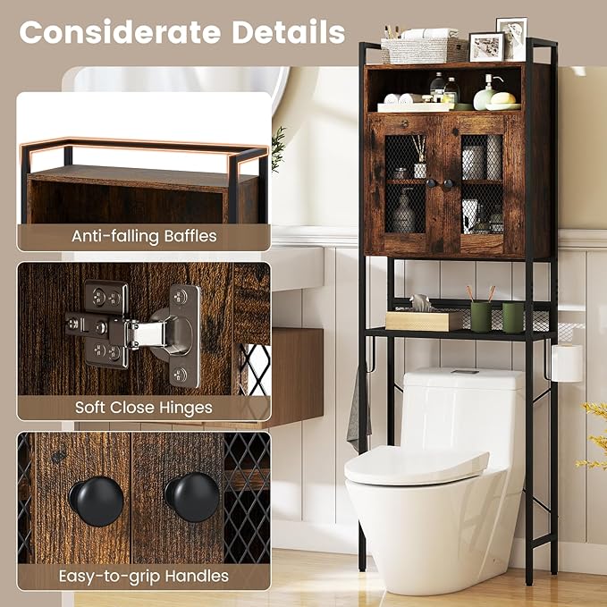 Giantex Over The Toilet Storage Cabinet, Bathroom Space Saver Above Toilet Storage with Paper Hook, Mesh Doors & Metal Stand, Over Toilet Bathroom Organizer for Laundry Room, Restroom