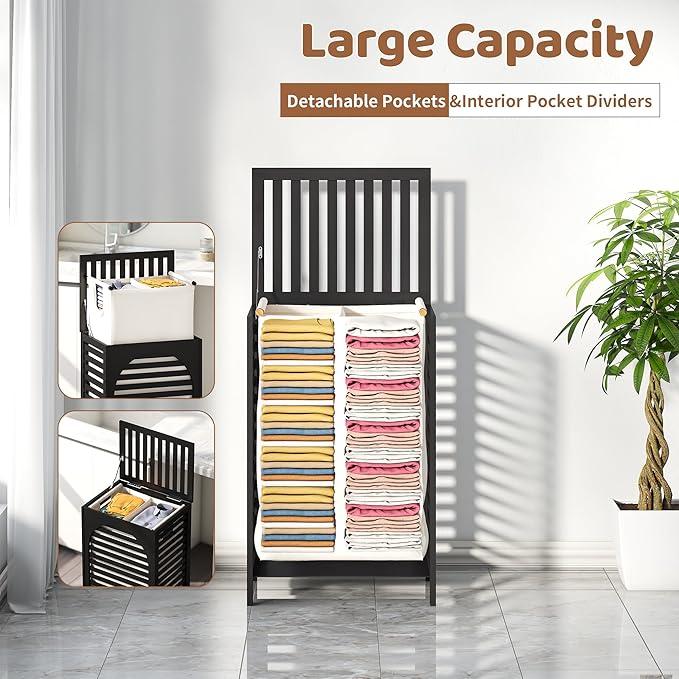 FILWH Laundry Hamper with Lid (16.9 * 13 * 26.5inches) Large Bamboo Laundry Bin Basket 85L Clothes Hamper with 1 Removable Bag Storage baskets for Bathroom(Black)