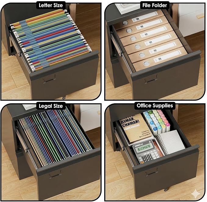 2 Drawer File Cabinet with Lock, Heavy-Duty Metal Rolling Filing Cabinet for Home Office, Under Desk Printer Stand with 5 Wheels, Required Assembly with Video Guide, Fits Letter/Legal Size, Black