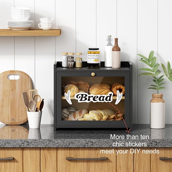 Double Layer Bread Box for Kitchen Countertop, Large Bread Storage Container for Counter Top, 2 Tier Wood Farmhouse Vintage Breadbox for Homemade Bread, Corner, Cabinet, Pantry (Black)