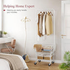 Tajsoon Laundry Cart with Hanging Rack, Metal Laundry Basket with Wheels, Laundry Hamper with Storage Basket and Shelf, Rolling Laundry Cart with Wheels, White