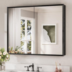 Keonjinn Medicine Cabinet Mirror 40" x 32", Assembly Needed, Black Medicine Cabinet with Mirror for Bathroom, Beveled Framed, Stepless Adjustable Shelves, Wall-Mounted or Recessed, Tempered Glass
