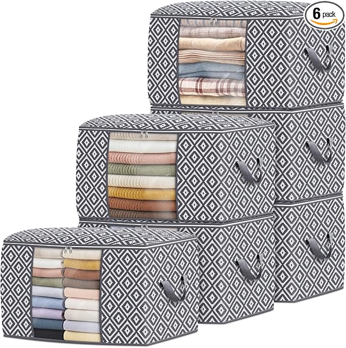 Direct 100L, 6 Pack, Storage Containers, Large Clothes Storage Bins Foldable Organization and Storage Bags with Reinforced Handle, Clear Window for Bedding, Blankets, Clothing, Grey