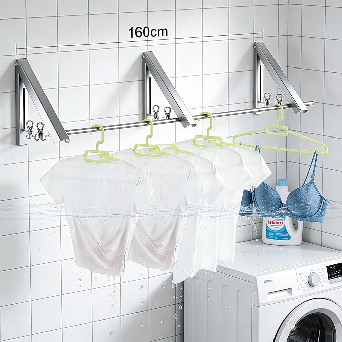 FOLAI 3-Piece Drill-Free Folding Clothes Drying Rack, 160cm Crossbar, Suitable for Bedroom, Bathroom, Indoor and Outdoor Use, Basics Folding Clothes Rack (Silver)