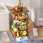 SAYZH Fruit Basket Kitchen Pantry Organizers and Storage - Wooden Top Table, Stackable Metal Wire Basket Stand Cart for Fruit Vegetable Snacks Onion Potato Organization (Black, 5 Tiers)