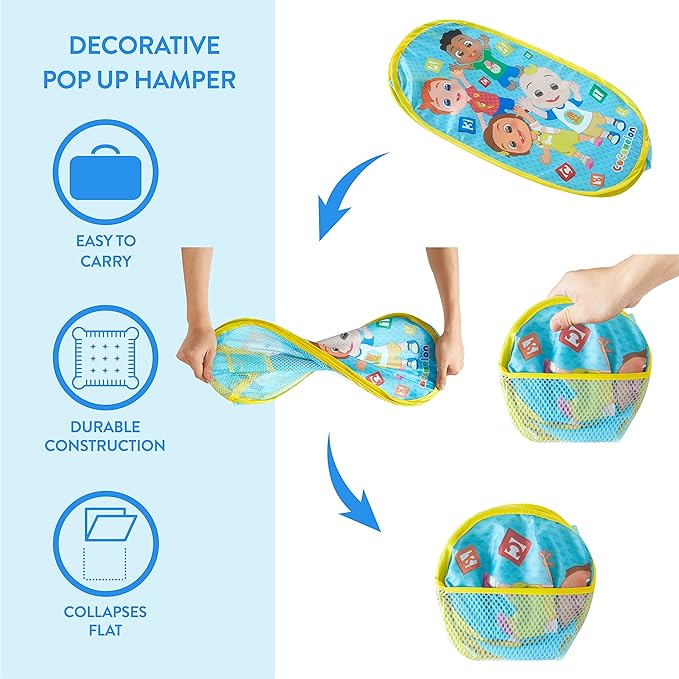 Cocomelon Pop-Up Hamper with Durable Carry Handles, Kids Laundry & Room Storage Organizer, 21”H x 13.5”W x 13.5”L