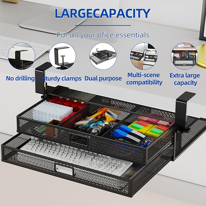 Under Desk Drawer Organizer No Drill Metal Under Desk Storage Drawer Container 2 Slide Out Cabinet Drawer Suitable for Home And Office (Extra Large)