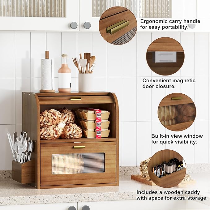 TQVAI Roll Top Bread Box for Kitchen Countertop, Keep Fresh Longer, Easy to Maintenance, Double Layer Vintage Wooden Breadbox with Window for Homemade Bread, Sandwich Loaves, Baked Goods (Retro Brown)