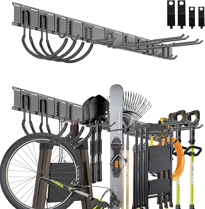 64'' Garage Tool Organizer Wall Mount - Heavy Duty 680 lbs Capacity Tool Rack with 10 Adjustable Hooks, Wall Mounted Storage System for Garage, Shed, Workshop (Black)
