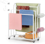 Freestanding Towel Rack for Bathroom Rolling Towel Storage Cart On Wheels Blanket Ladder with Shelf & 6 Hooks, Outddoor Poolside Towel Holder Stand, White