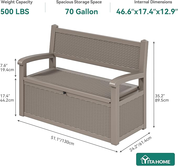 YITAHOME 70 Gallon Deck Bench with Storage, Outdoor Storage Box Bench with Armrests for Patio Garden Pool Porch, Waterproof&Lockable, Light Brown