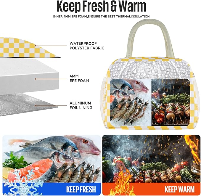Lunch Bag Women/Men Lunch Box Women/Men (Yellow+White Checkerboard)