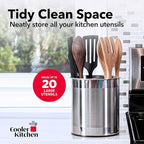 Cooler Kitchen Rotating Extra Large Stainless Steel Utensil Holder Caddy with Sturdy No-Tip Weighted Base, Removable Divider, and Gripped Insert Bottom -Dishwasher Safe Metal Cooking Utensil Holder
