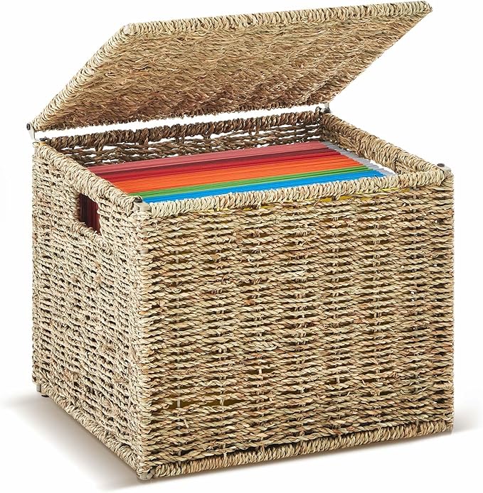 Marspark Seagrass File Box Organizers Decorative File Baskets for Hanging Folders Filing Cabinet with Lid Collapsible Letter Size Document Storage Box for Home Office Decor, Natural