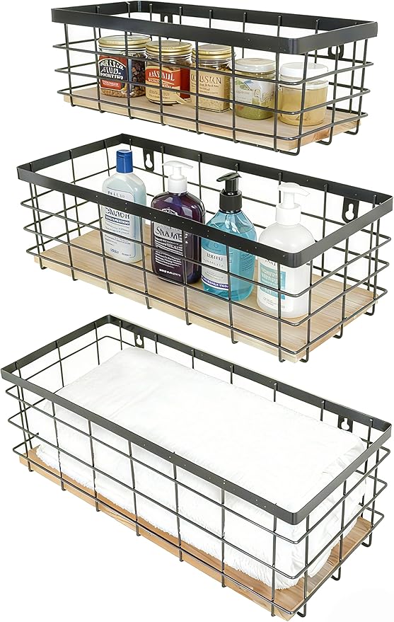 Metal Wire Basket Detachable Wood Base Storage Organizer Farmhouse Hanging Basket for Kitchen Cabinets, Bathroom, Pantry, Laundry Room Set of 3,Black Color
