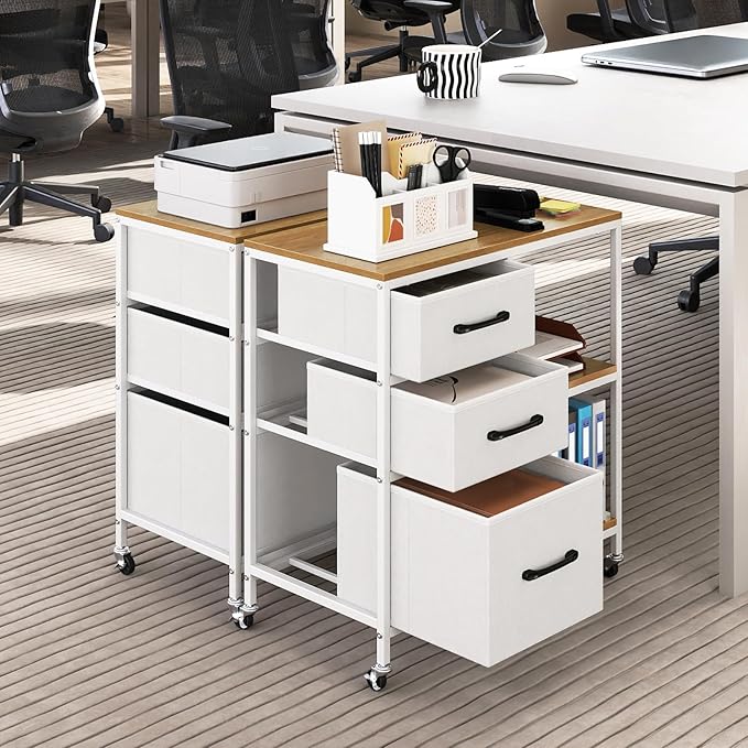 Giantex File Cabinet, Printer Stand with Storage, 3 Fabric Drawers, Open Storage Shelves, Charging Station, 4 Rolling Wheels (2 Lockable), Lateral Filing Cabinet for Home Office Organization (White)