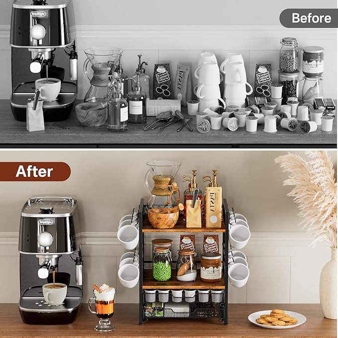Coffee Bar Station Organizer, 4 Tier K Cup Organizer Mug Holder with 12 Hooks, Coffee Pod Holder, Multifunctional Countertop Organizer for Kitchen