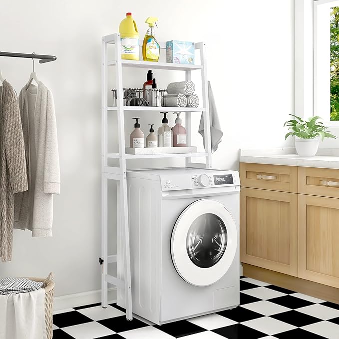 MallKing Over The Toilet Storage, Wooden 3-Tier Over-The-Toilet Rack Bathroom Space Saver Organizer, Freestanding Above Toilet with Toilet Paper Holder and Hooks (White)