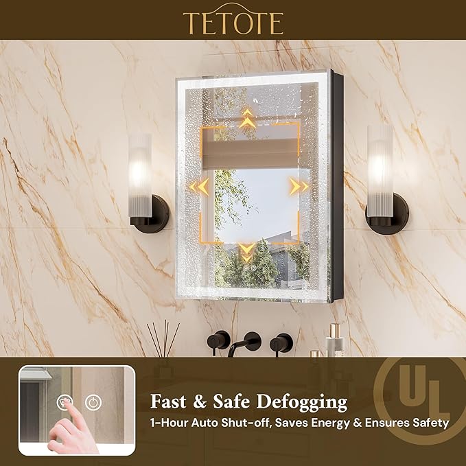 TETOTE 20 x 26 Lighted Bathroom Medicine Cabinet with Adjustable Shelves, Black Aluminum Cabinet, Anti-Fog Stepless Dimmable 3 Colors White/Warm/Natural, Easy to Install(Wall Mount/Recessed)