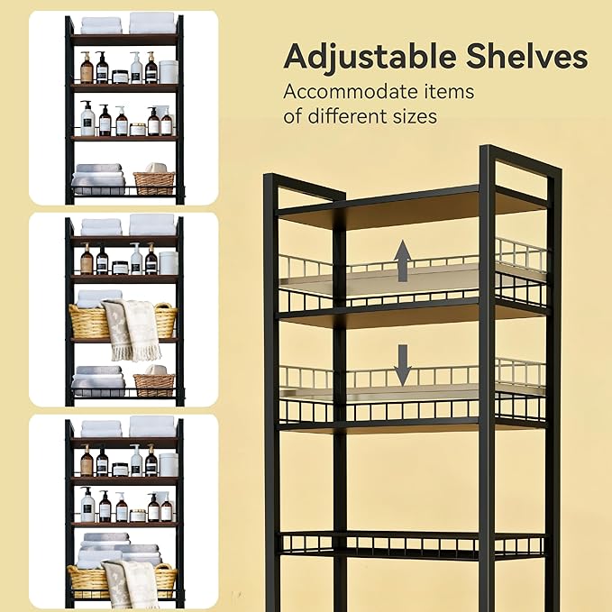 4-Tier Bathroom Organizer Shelf Over The Toilet Storage Cabinet with Feet Pad Over The Toilet Storage Rack with Adjustable Shelf and Basket Bathroom Shelves Above Toilet Bathroom Shelves
