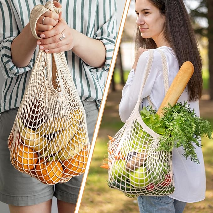 2 PCS Cotton Mesh Grocery Bags, Reusable Mesh Produce Net Bags, Long Handle String Shopping Tote Bag for Fruit Veggie Food Storage