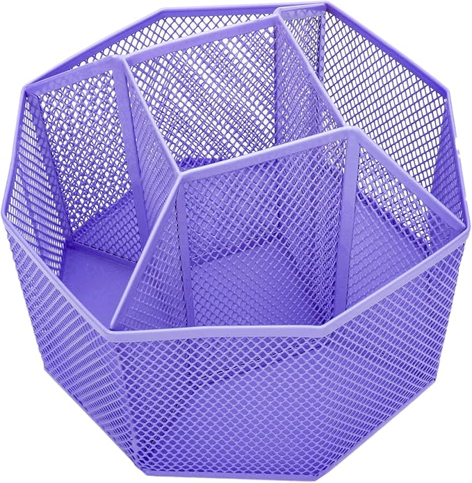 Annova Mesh Desk Organizer Rotate with 5 Compartments Spinning Tidy Candy/Pen Holder Office, Art Supply, Storage, Classroom, Home (Purple)