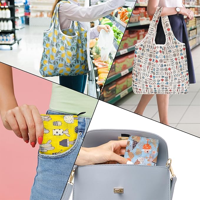 Reusable Foldable Shopping Bags, 4 Pack - Lightweight And Compact, Grocery Totes With Summer Patterns, Machine Washable And Durable, Ideal For Groceries, Travel, And Daily Use