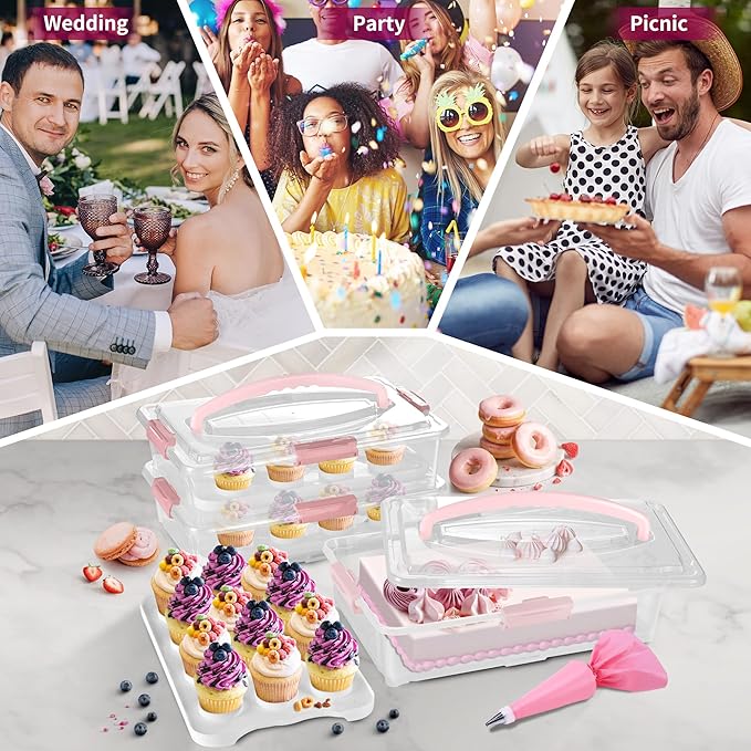 ARC 3-tiers Cupcake Carrier (Pink) - Cupcake Holder and Cake Transport Container that Holds up to 36 Cupcakes or 3 Large Cakes - BPA-Free, Great for Parties & Festivals
