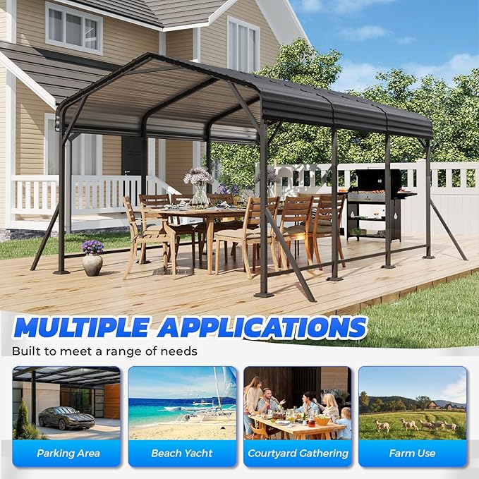 EROMMY 10' x 15' Heavy Duty Metal Carport with Galvanized Steel Roof & Base for All-Weather Protection, Outdoor Carport Garage, Versatile for Car, Boat, Tractor, and Party Use, Dark Gray