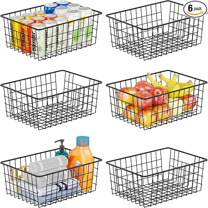 SUFAUY 6 Pack Utility Wire Shelves for Storage and organization, Sturdy Steel Large Metal Basket with Handle, Stackable Organizer, Black