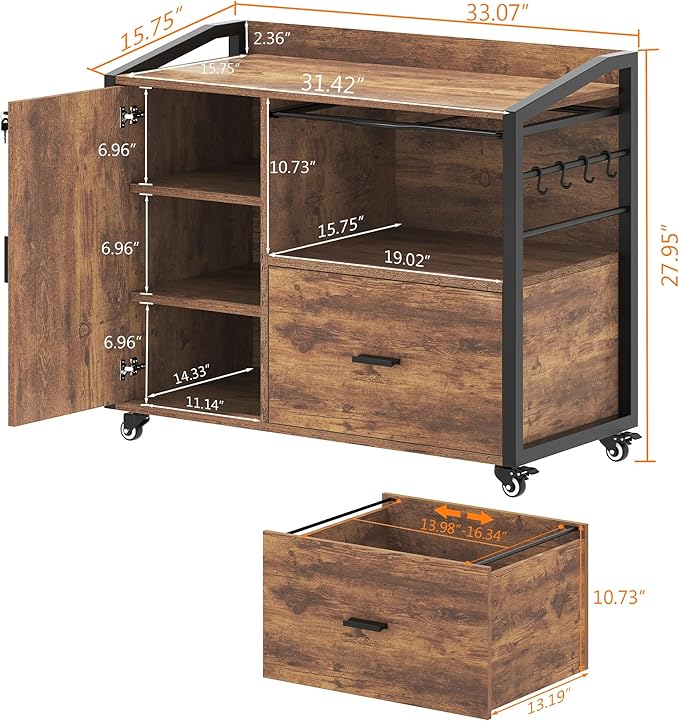 HSH Mobile File Cabinet with Lock, 1-Drawer Rolling lateral Filling Cabinet on Wheels, Wood Printer Stand with Open Storage Shelves & Hanging File Rack, File Cabinets for Home Office,Rustic Brown,33In