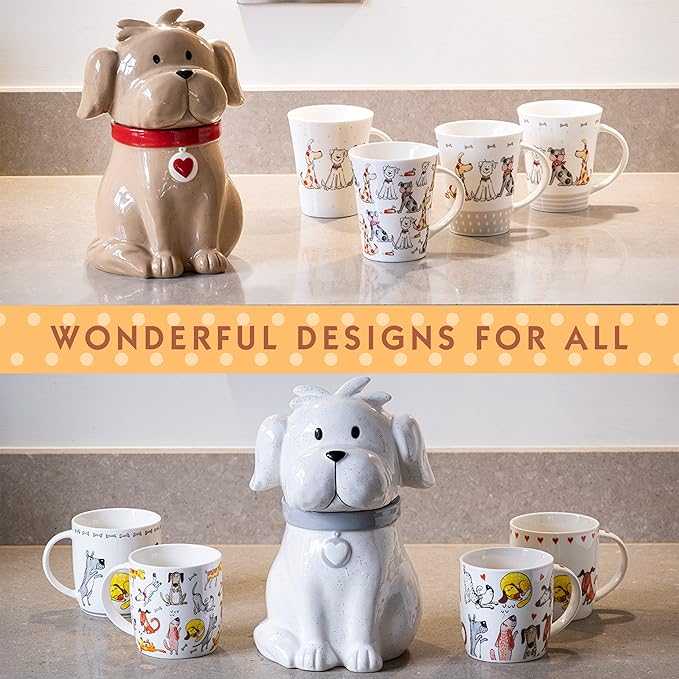 SPOTTED DOG GIFT COMPANY Ceramic Cookie Jar with Lid, Large Dog Treat Jar for Cookies & Biscuits, Cute Novelty Storage Container for Kitchen Counter, Gifts for Dog Lovers - 49oz White