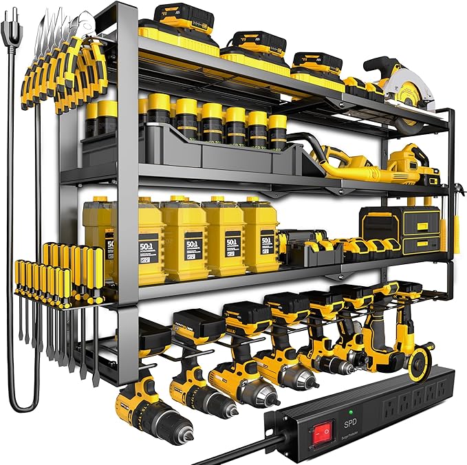 Large Power Tool Organizer Wall Mount with Charging Station, 400lbs Metal Storage Rack with 8 Cordless Drill Holder, 4 Tier Heavy Duty Battery Tool Shelf with 5 Outlet Power Strip for Garage