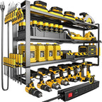 Large Power Tool Organizer Wall Mount with Charging Station, 400lbs Metal Storage Rack with 8 Cordless Drill Holder, 4 Tier Heavy Duty Battery Tool Shelf with 5 Outlet Power Strip for Garage