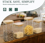 LIBWYS 8-Pack Glass Pantry Storage Containers with Bamboo Lids (1.22Qt/1.67Qt) - Stackable Square Food Jars for Pantry Organization, Coffee, Flour, Snacks, Tea | Kitchen Canisters Set